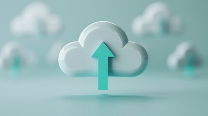 3D cloud icon with an up arrow indicating cloud computing, data upload, and storage in a digital environment.