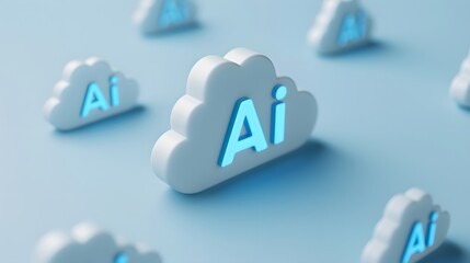 3D cloud icons with 'AI' text on a light blue background. Symbolizes artificial intelligence, technology, and cloud computing.