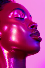 A woman with a shiny face and a pink background