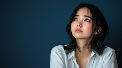 Fototapeta premium Young Thai Woman with Black Hair in White Shirt Expressing Sadness Against a Dark Blue Background – Isolated, 16:9 Aspect Ratio, Emotional Portrait, Depressed Mood, Sharp Focus