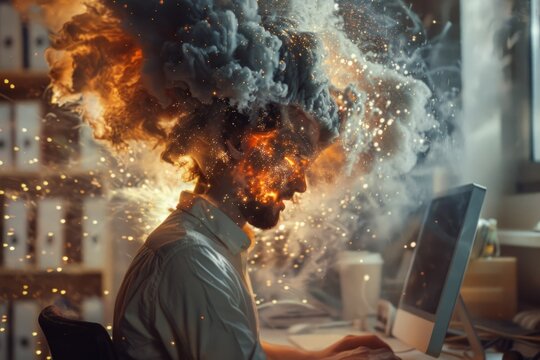 Stressed businessman working with exploding head syndrome at the office