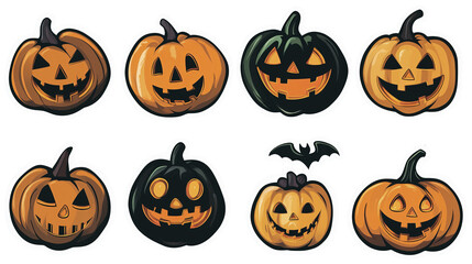 An illustration featuring a collection of Halloween-themed pumpkin stickers, each with a unique carved face expression.