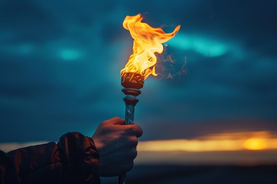 A man hand holds a torch with the flame against a blue sky background, Generative AI 