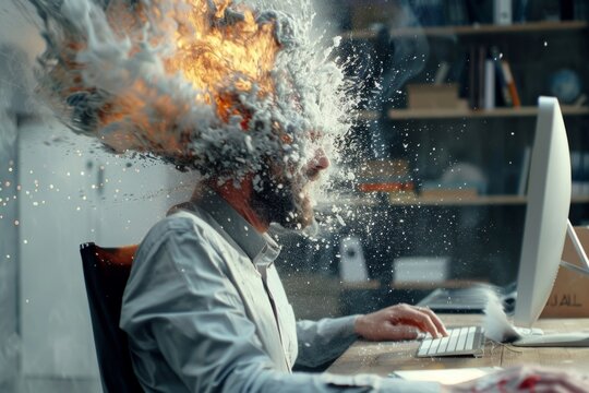 Stressed businessman working with exploding head syndrome at the office
