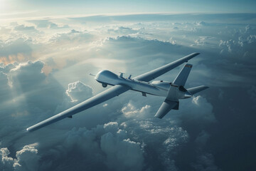 Military drone aircraft flying during mission at sunset