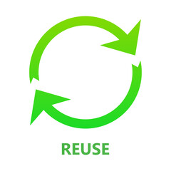 Reuse. Green circular arrows, usage, clean environment, pollution, save the planet, ecology, nature, zero waste, reduce, recycle, eco, biodegradable materials, natural, organic, microplastics. Vector