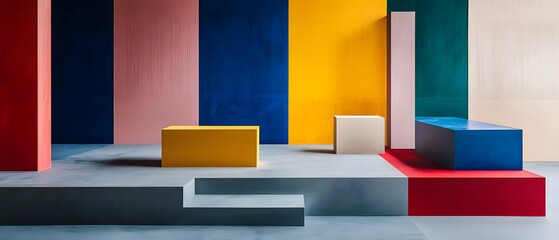 Hyper-realistic photo of an abstract art installation, bold color blocks arranged in geometric patterns, minimalist design, striking contrasts, high-end photography