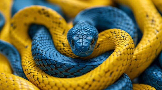 A vibrant blue and yellow snake symbolizing the Python programming language's versatility and power.