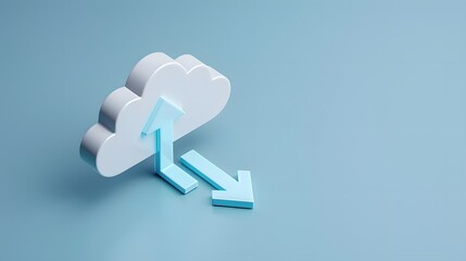 3D illustration of a cloud with up and down arrows, representing cloud computing, data transfer, and internet technology.