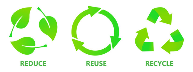 Reduce, reuse, recycle. Green circular arrows, triangle, leaves, clean environment, pollution, save the planet, ecology, nature, zero waste, eco, biodegradable materials, organic, microplastics