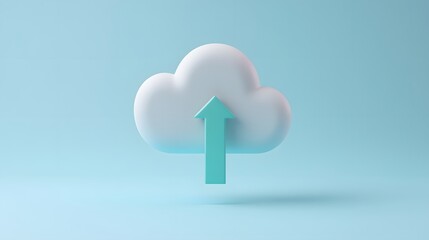 3D illustration of a white cloud with an upward arrow representing cloud storage and data uploading on a blue background.