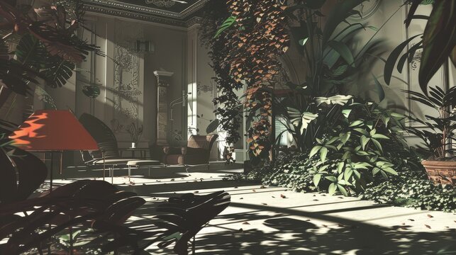 A Luxurious Indoor Garden Oasis with Lush Greenery and a Red Umb