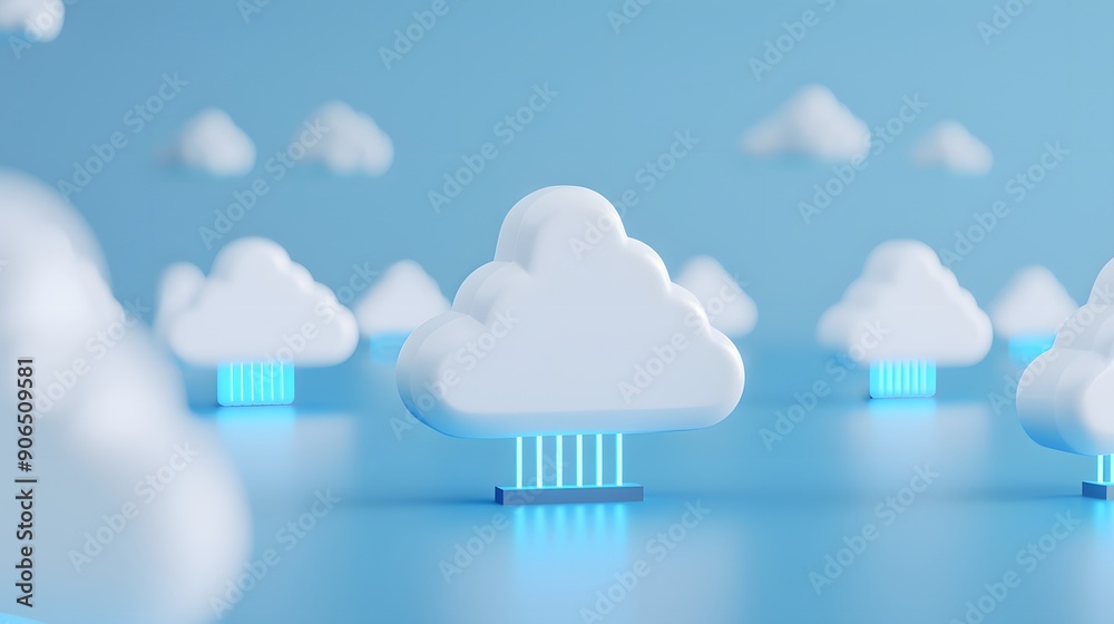 Poster 3d illustration of clouds with digital data lines, representing cloud computing and data storage in 