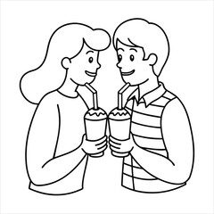 A couple sharing a milkshake with two straws line art vector