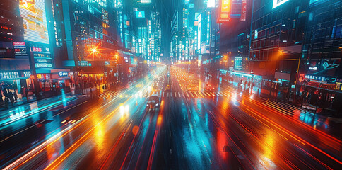Fototapeta premium Vibrant cityscape in motion blur, dynamic urban energy captured, streaks of light against the skyline, diagonal composition, bustling city life, vibrant colors. Generative AI.