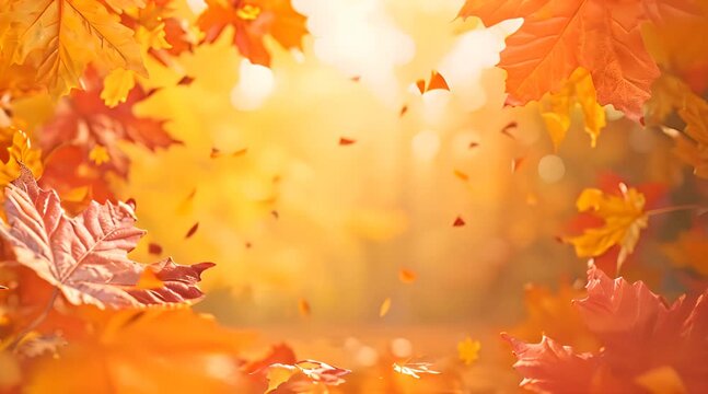 Animated background of an autumn frame with an empty space for text, maple leaves decorate beautiful nature for Thanksgiving, yellow-red colorful landscape layout.