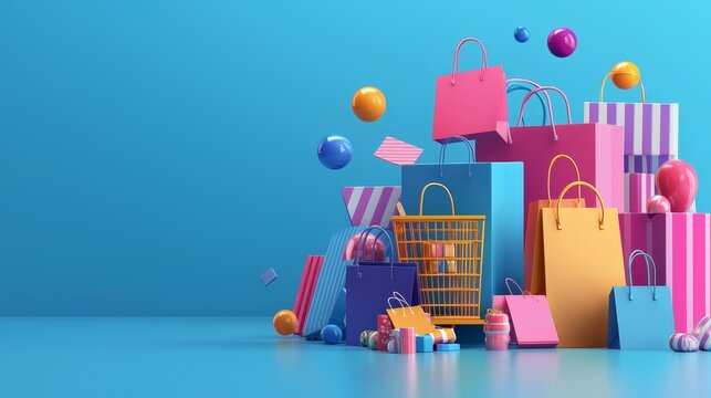 Futuristic E-commerce Expansion in Digital Marketplace - 3D Illustration with Copy Space for Online Retail Concept.