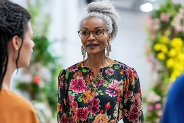 Naklejka premium Elegant Woman Engaging in Conversation in a Floral Setting at a Contemporary Event