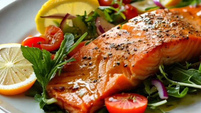 Baked or fried salmon and salad, Paleo, keto, fodmap, dash diet.