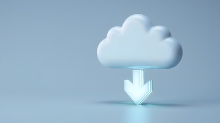 3D rendering of a cloud icon with a downward arrow symbolizing cloud download in a modern, minimalist style on a light blue background.