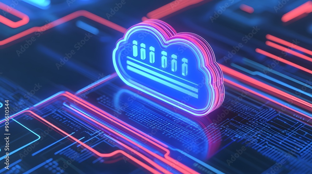 Poster 3d rendering of a futuristic cloud computing symbol on a motherboard, representing data storage and 
