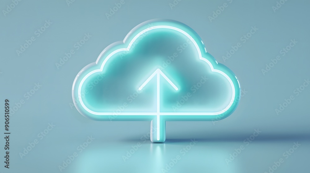 Poster 3D rendering of a glowing cloud icon with an up arrow, symbolizing cloud computing, storage, and data uploading on a blue background.