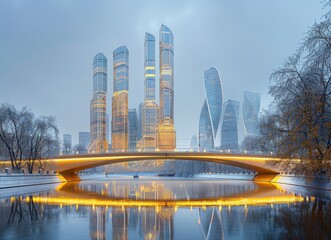 Fototapeta premium Modern Cityscape with Bridge and River in Winter