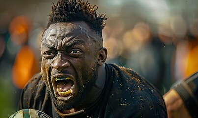 an african aggressive rugby player on the pitch screaming, he is holding a rugby ball, Generative AI 