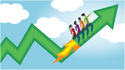 Group of successful women flying on upgoing arrow rocketship. Dimension 16:9. Vector illustration.