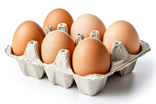 Six brown eggs nestled in cardboard carton,isolated on a white background.