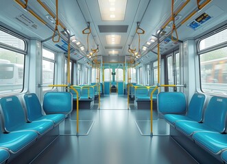 Fototapeta premium Empty Tram Interior with Light Blue Seats