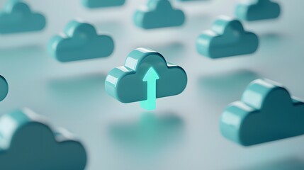 Obraz premium 3D rendering of teal cloud icons with upward arrows indicating cloud computing and data upload concept.