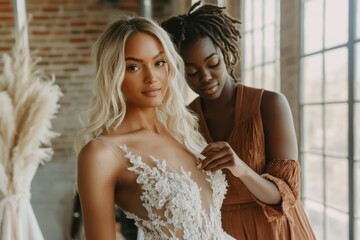 Fototapeta premium Bridal Fitting at a Rustic Studio With Natural Light on a Beautiful Afternoon