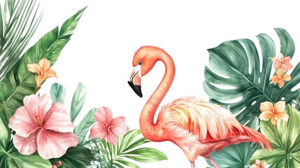 Watercolor baby flamingo with tropical leaves and flowers