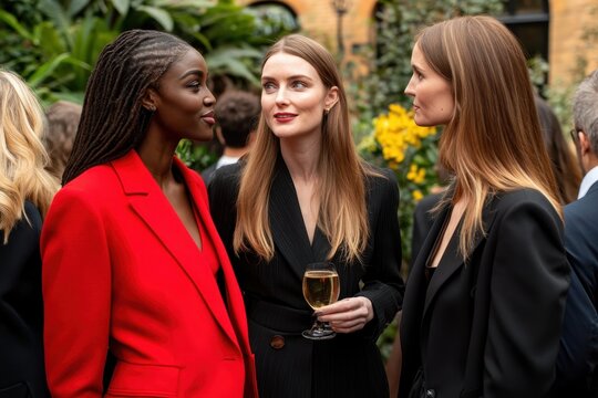 Elegant Women Networking at Outdoor Event Surrounded by Lush Greenery and Flowers