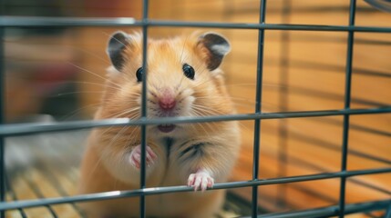 Obraz premium Close-up of a hamster in a cage, looking curious.