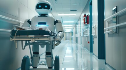 Obraz premium A humanoid robot transporting medical supplies in a hospital corridor, showcasing advanced healthcare technology and automation.
