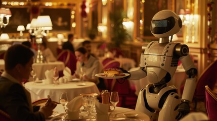 A robot waiter serves food to diners in an elegant restaurant, showcasing advanced AI technology in hospitality.