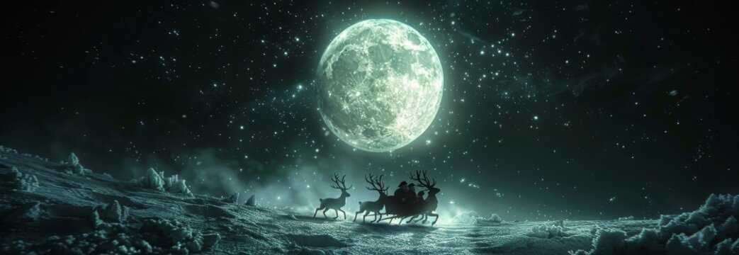 Santa's sleigh flying across the moon with reindeer on Christmas Eve night