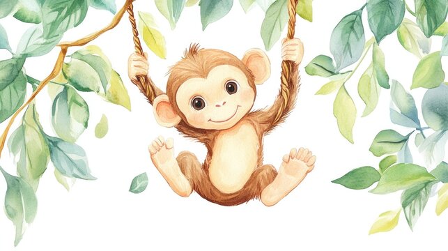 Watercolor baby monkey swinging from tropical vines with leaves