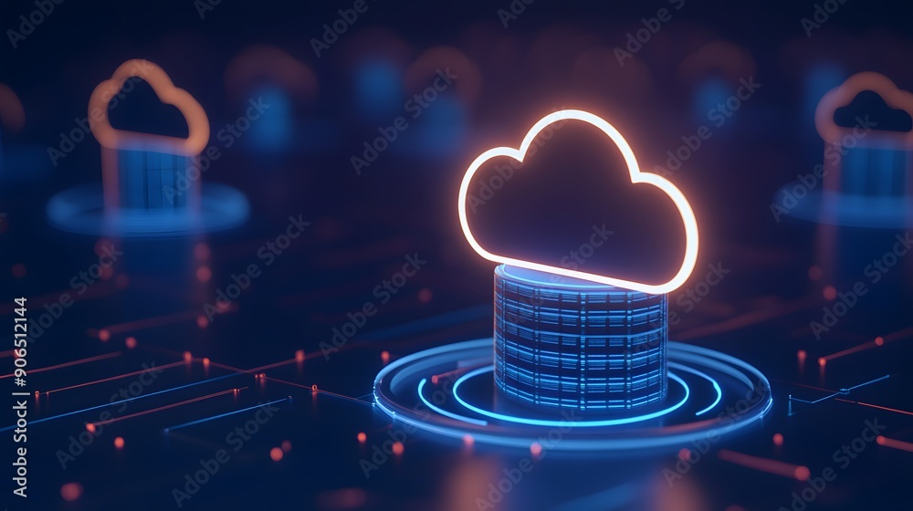 Poster a glowing cloud icon over a stack of data servers represents cloud computing and data storage techno