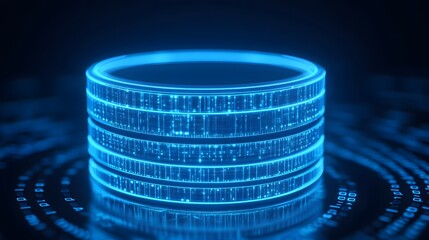 A glowing digital data storage stack in blue neon lights, representing modern database and technology concepts.