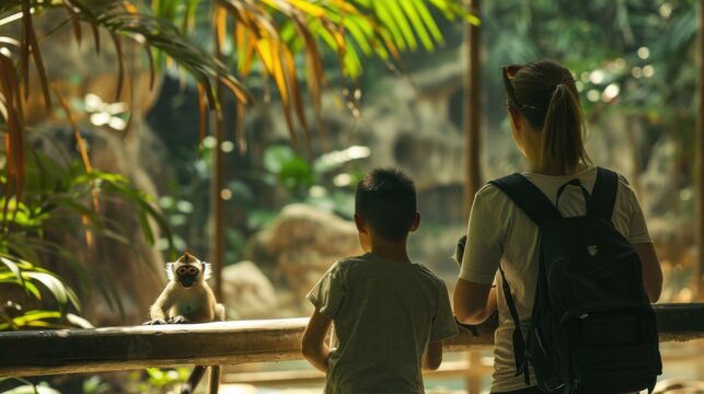 A woman and child enjoying a visit to an outdoor zoo exhibit, observing a monkey in a lush, tropical setting.
