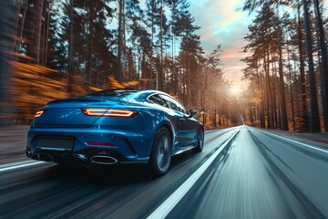 Blue car speeds down a winding forest road, with the sun setting in the background