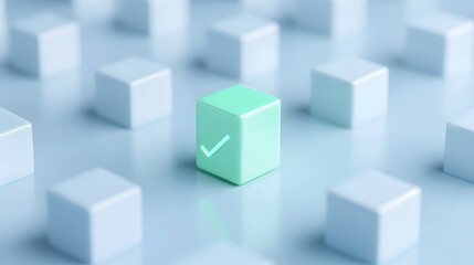 Obraz premium A unique green cube with a checkmark stands out among white cubes, representing individuality, selection, and distinction.