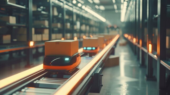 Automated conveyor belts with boxes in a warehouse. Modern logistics and robotic fulfillment center with efficient operations.