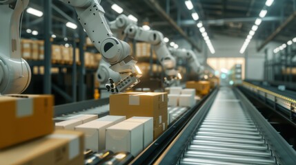 Automated robotic arms sorting packages on a conveyor belt in a warehouse setting, showcasing modern industrial automation technology.