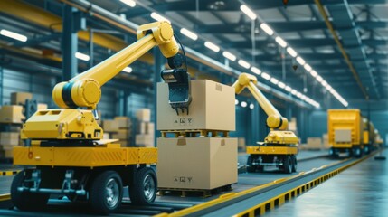 Automated warehouse robots sorting boxes on conveyor belts in a high-tech distribution center, showcasing modern logistics and technology.