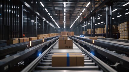 Automated warehouse with packages on conveyor belts, illustrating modern logistics and shipping operations in a distribution center.