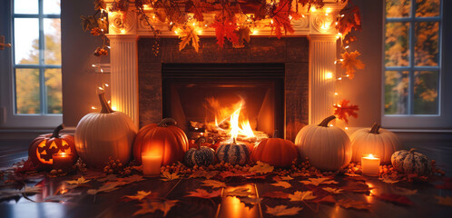 A fireplace, decorated with pumpkins, small string lights and autumn foliage, warm colors, warm light. Generative AI.